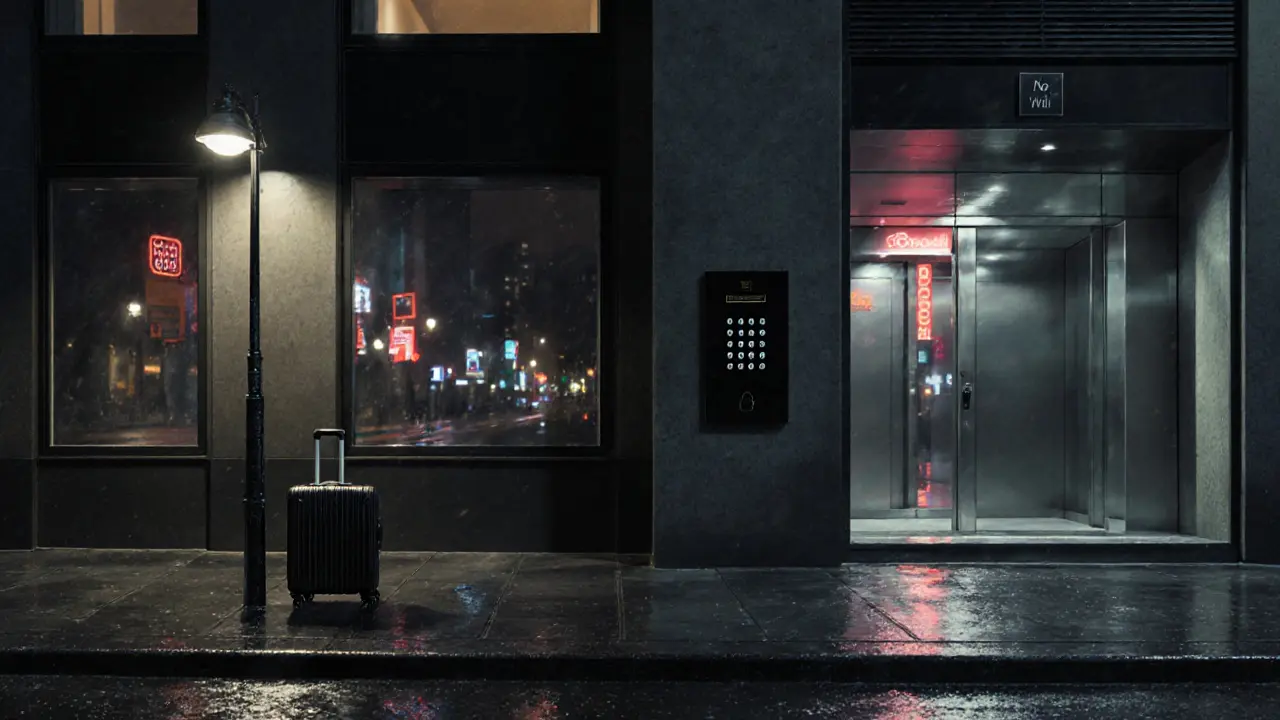 An unmarked Berlin hotel entrance with a keypad door and a suitcase on the sidewalk at night.