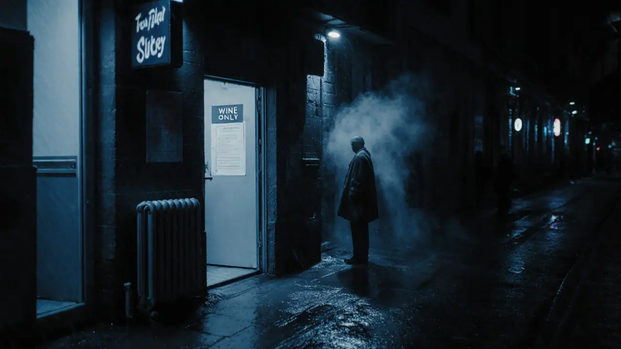An unmarked entrance to a hidden wine bar in Camden, lit faintly at night.