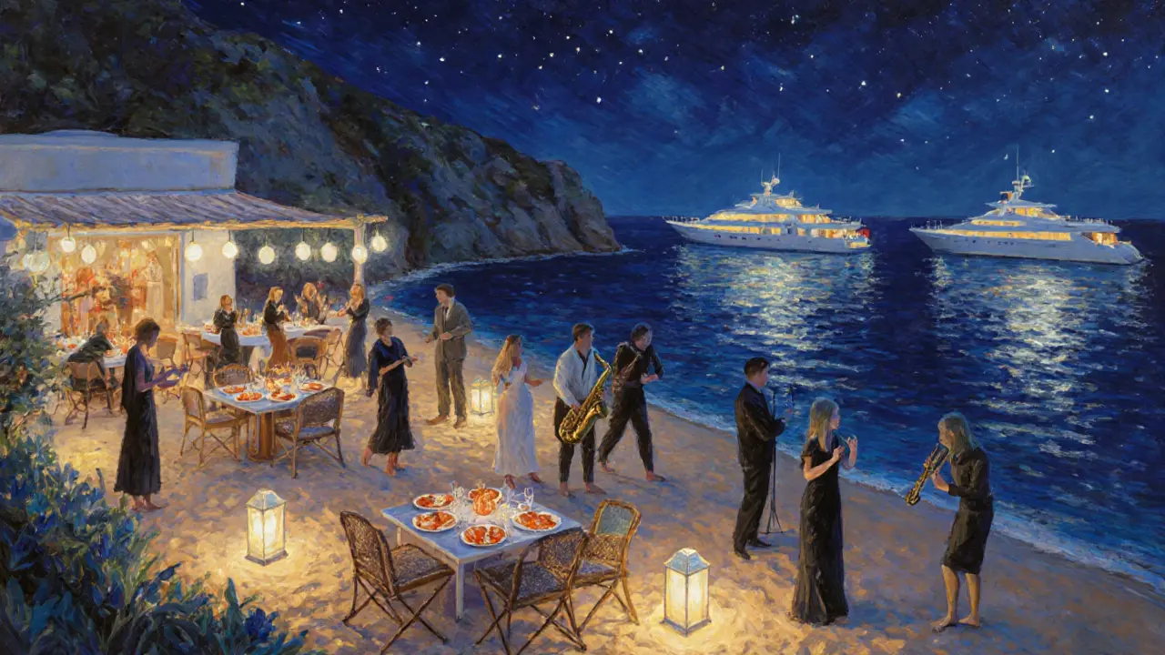Beach club on a cliff at night with guests dancing barefoot and a saxophonist under lanterns.
