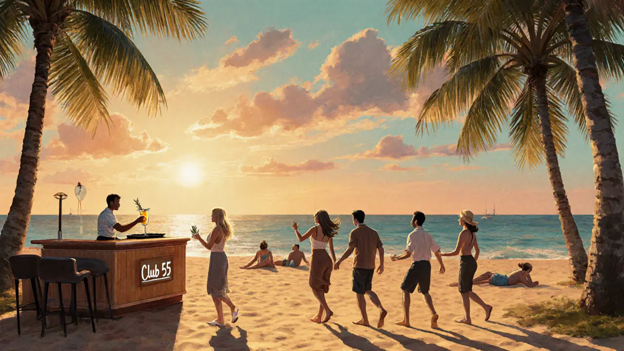 Beachside party at dusk with palm trees, sandy floor, and guests enjoying cocktails under a sunset sky.