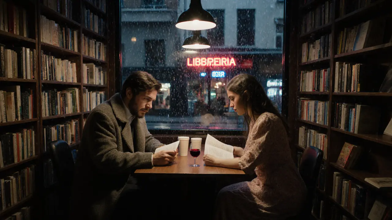 Bilingual poets reading in a cozy bookstore at night, rain on the window and wine cups on the table.