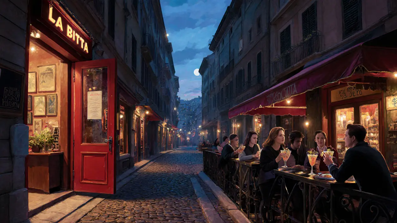 Brera’s narrow streets at night with glowing wine bars and patrons sipping cocktails under twilight skies.