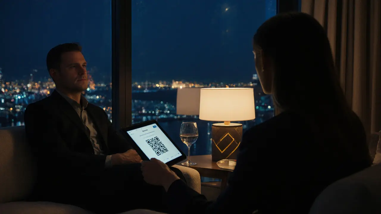 Client and escort in a modern Dubai lounge, discussing travel with a verification code visible on the table.