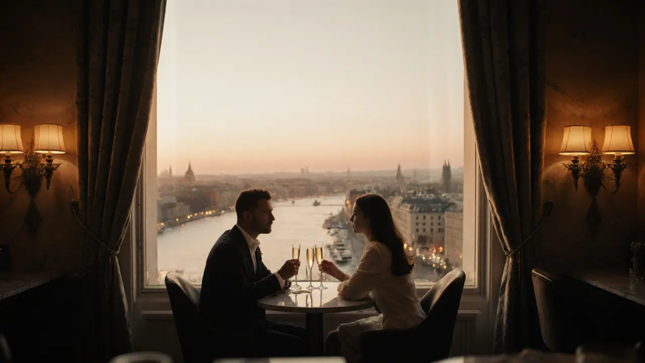 Couple enjoying champagne at sunset from a luxury bar overlooking Monaco&#039;s harbor.