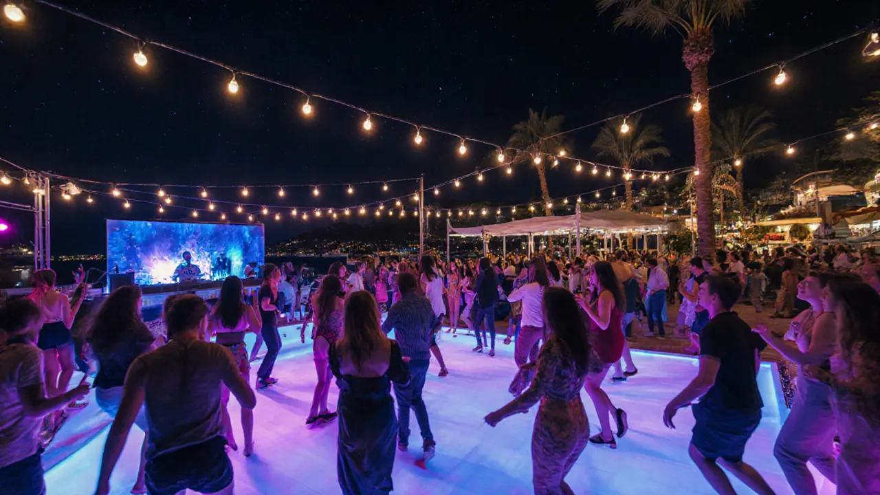 Crowd dancing at Blue Bay club under neon lights with palm trees and ocean in the background.