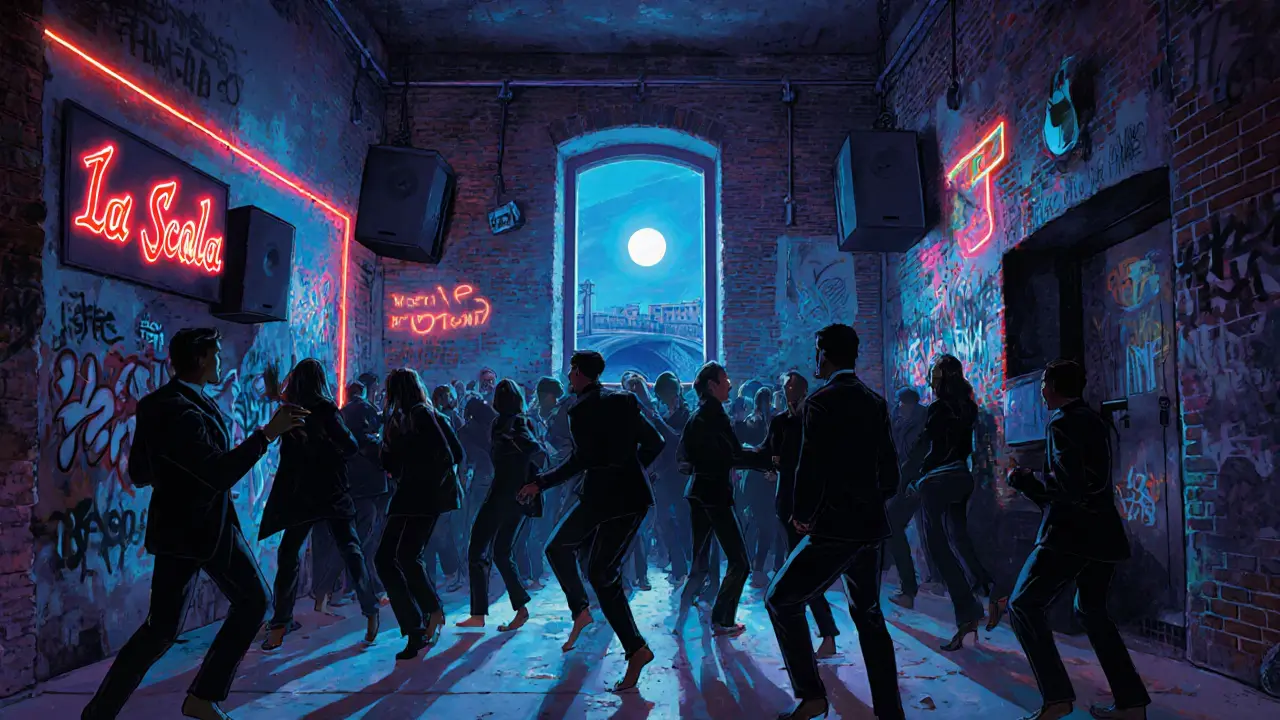 Crowd dancing in a dim warehouse club with neon lights and exposed brick walls in Milan.
