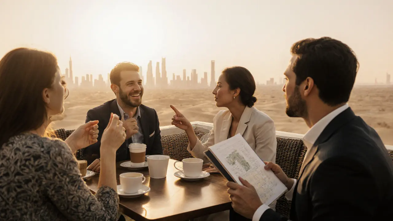 Diverse people enjoy coffee at a sunny Abu Dhabi rooftop café, with a concierge holding a cultural itinerary nearby.
