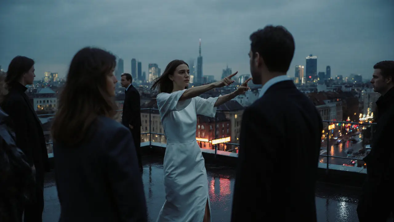 Fashion insiders on a rooftop terrace during Berlin Fashion Week, silhouetted against the city lights.