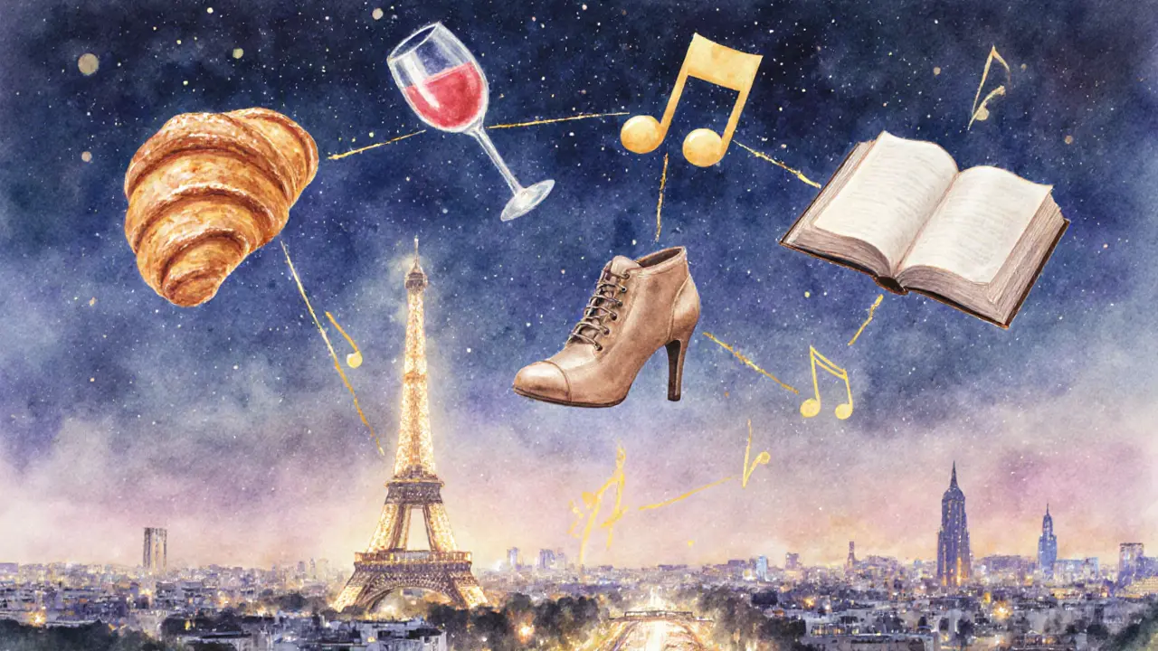 Floating Parisian memories—wine, book, croissant—connected by golden threads in twilight.