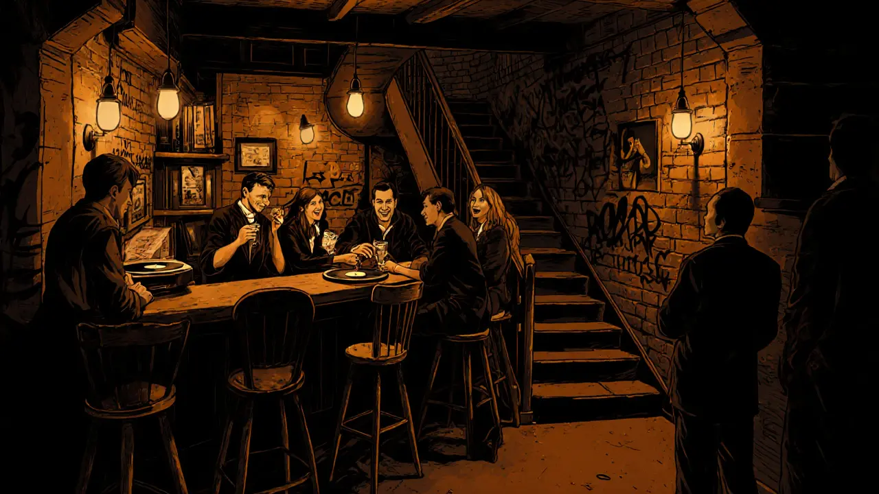 Hidden basement bar with vinyl records and diverse crowd under dim lights in Monaco&#039;s old port.