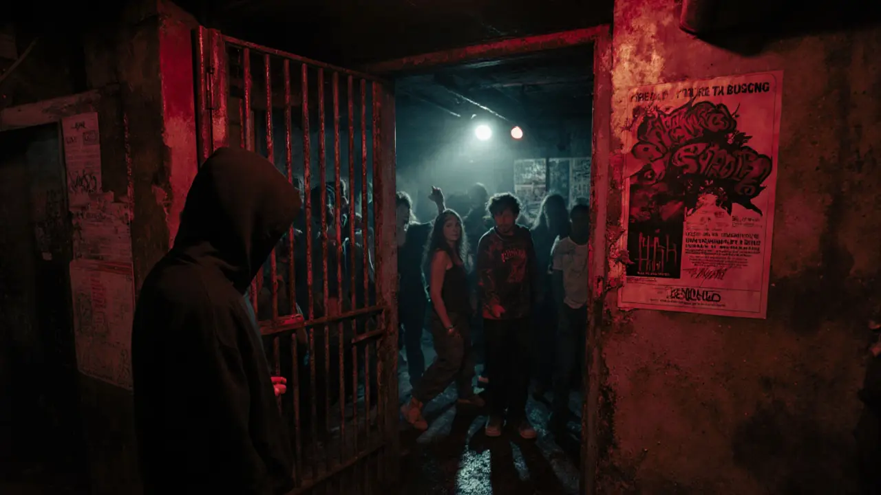 Hidden basement club behind a laundromat, red lighting and dancers in casual attire.