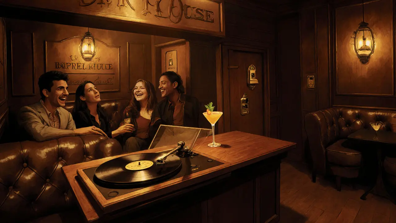 Hidden speakeasy bar with vintage decor, vinyl records, and guests enjoying cocktails in dim light.