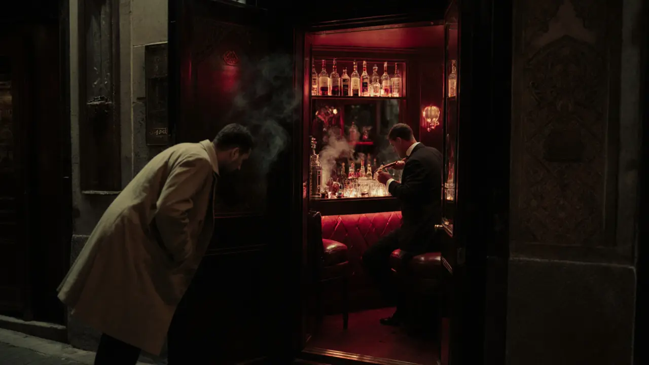 Hidden speakeasy interior with red lighting, a bartender pouring a cocktail in vintage style.