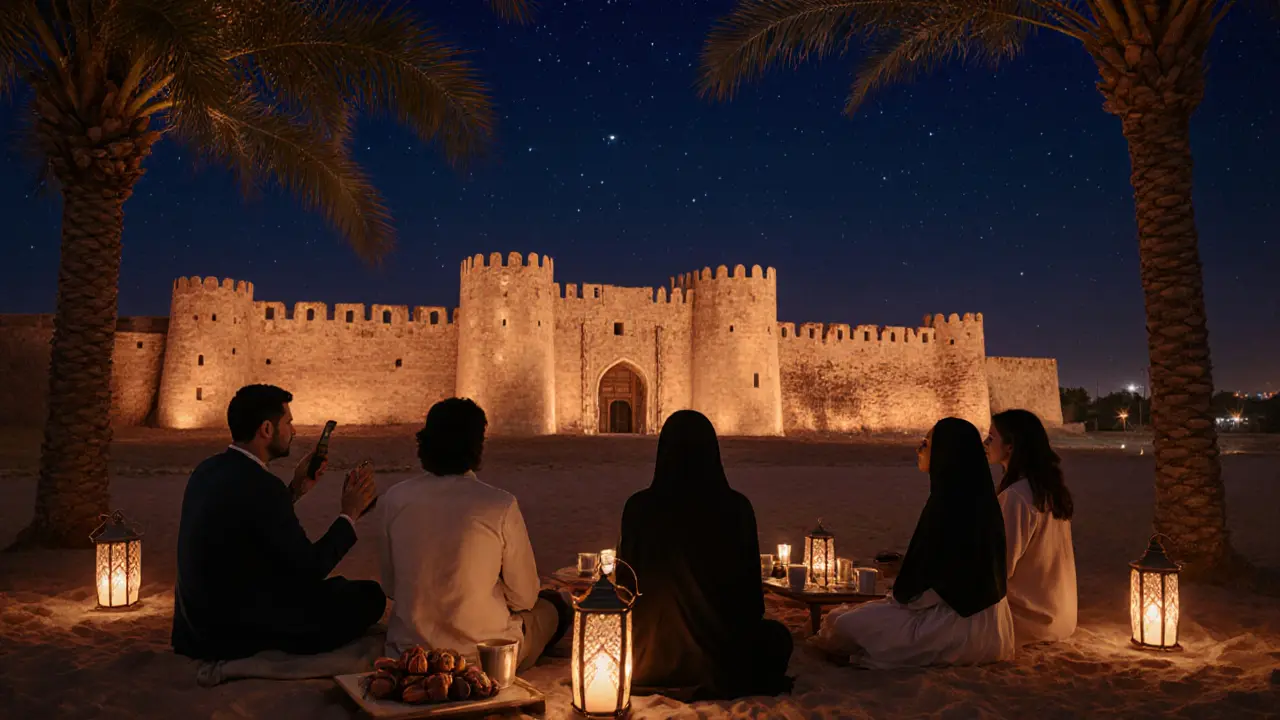 Historic fort lit by lanterns as visitors listen to traditional storytelling under the stars.