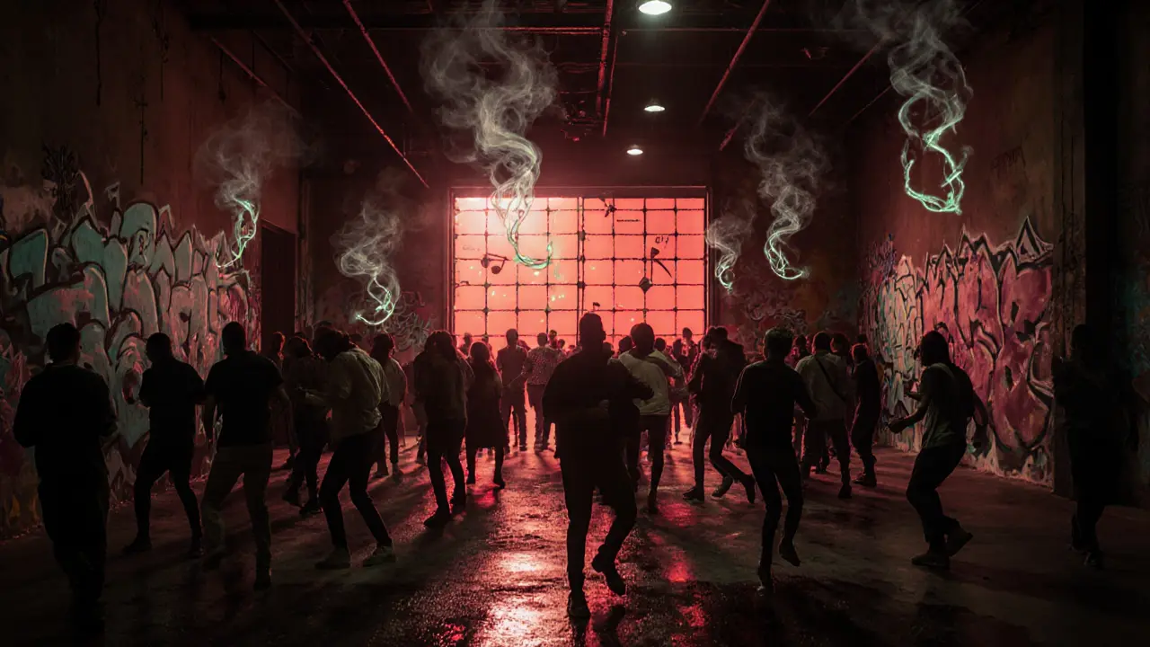Industrial warehouse rave at dawn, dancers under red light with graffiti-covered walls and incense smoke rising.