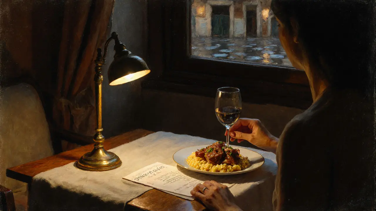 Intimate Brera apartment interior with vintage lighting and Italian dinner set on table.