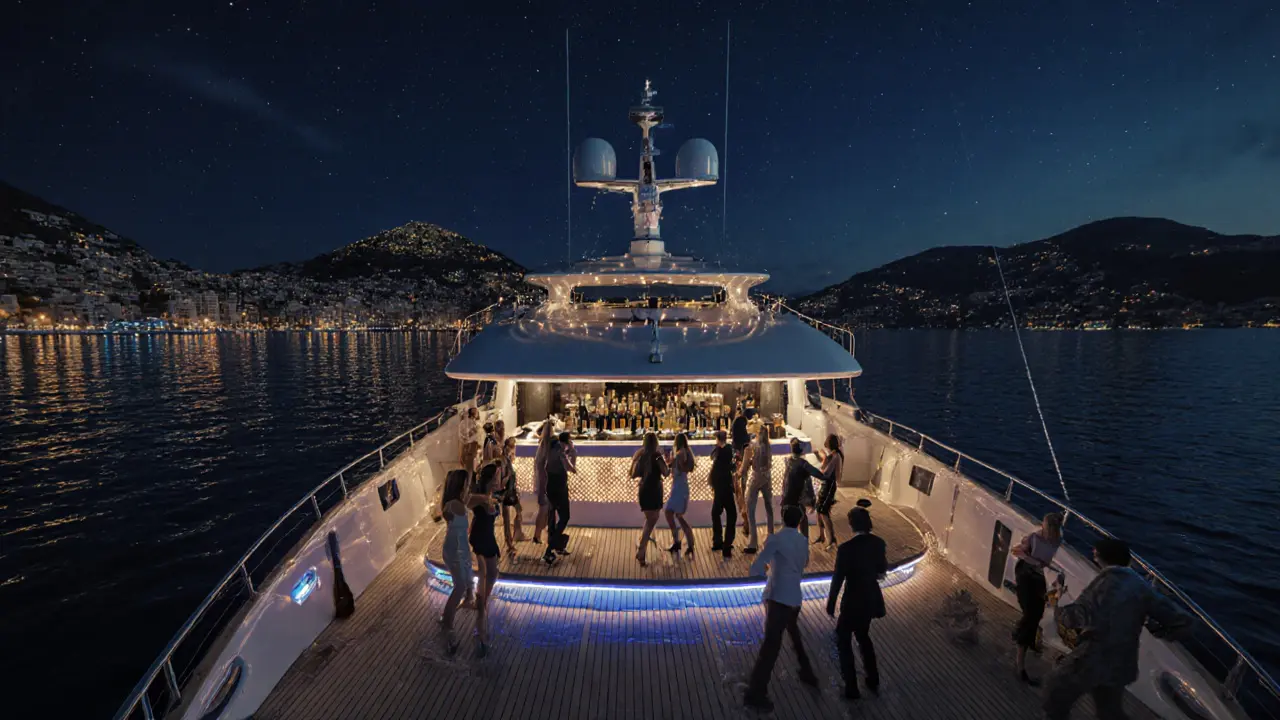 Luxury superyacht party at night with glowing lights, dancing guests, and Monaco’s skyline reflected in water.