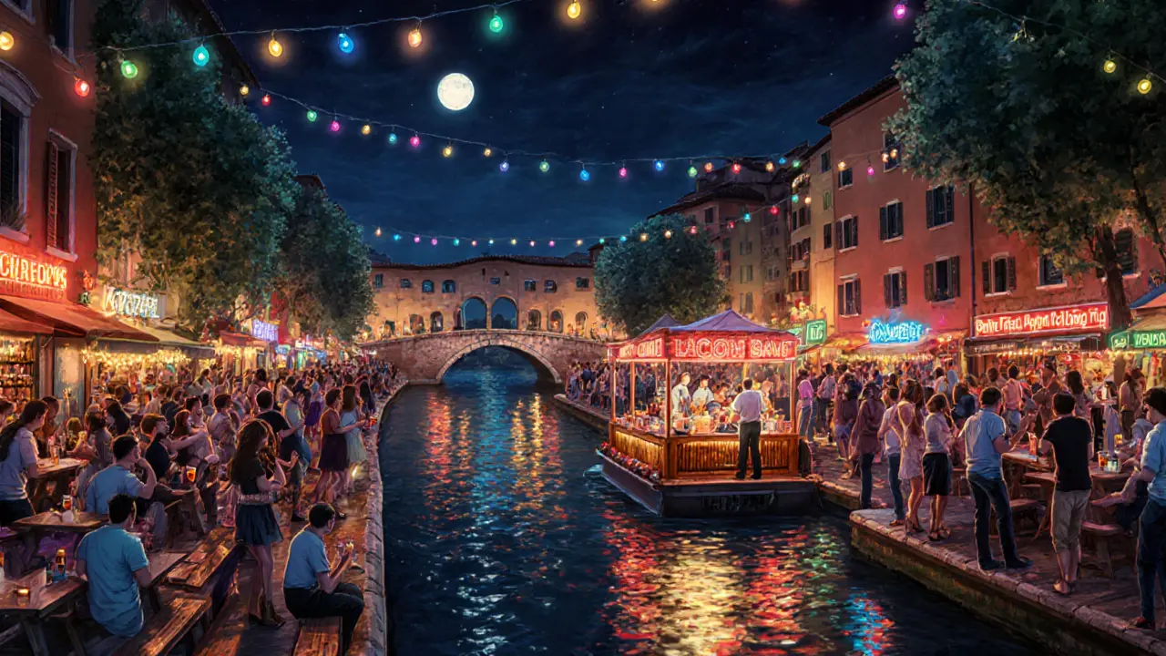 Navigli canal at night filled with colorful outdoor bars, string lights, and people dancing on benches with cocktails and pizza.