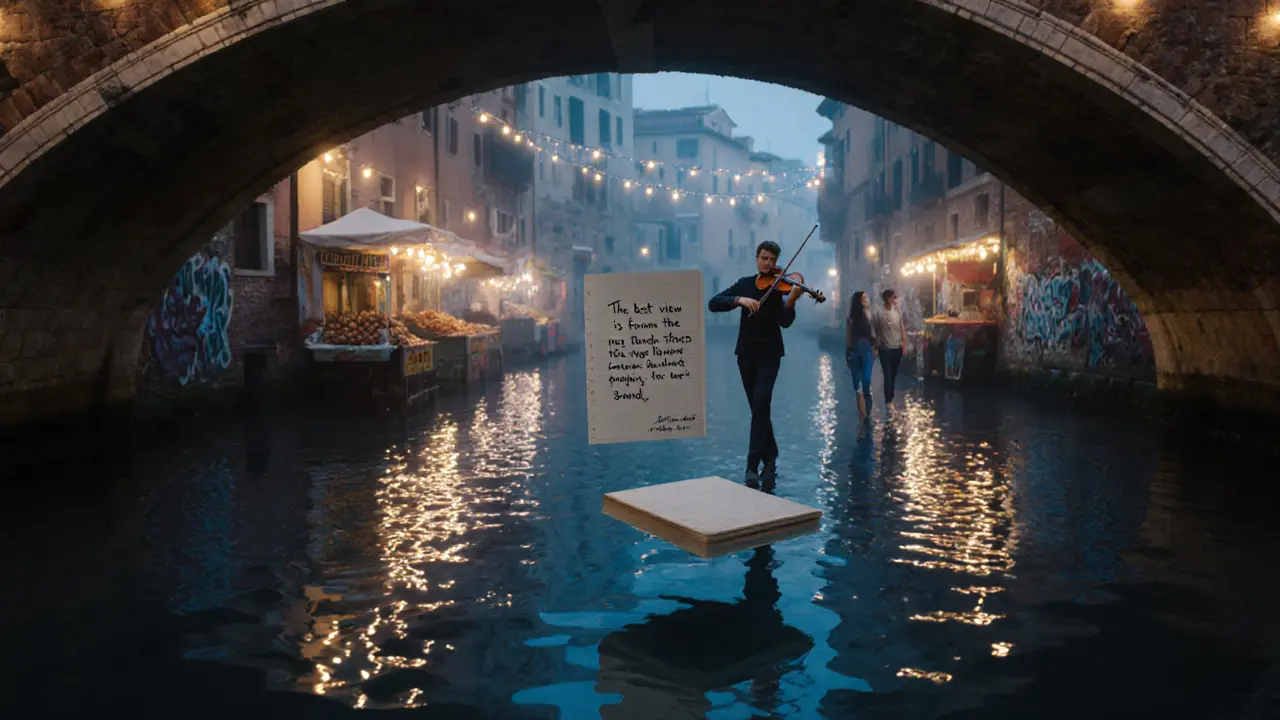 Night walk along Navigli canals with reflections, violinist, and floating handwritten note.