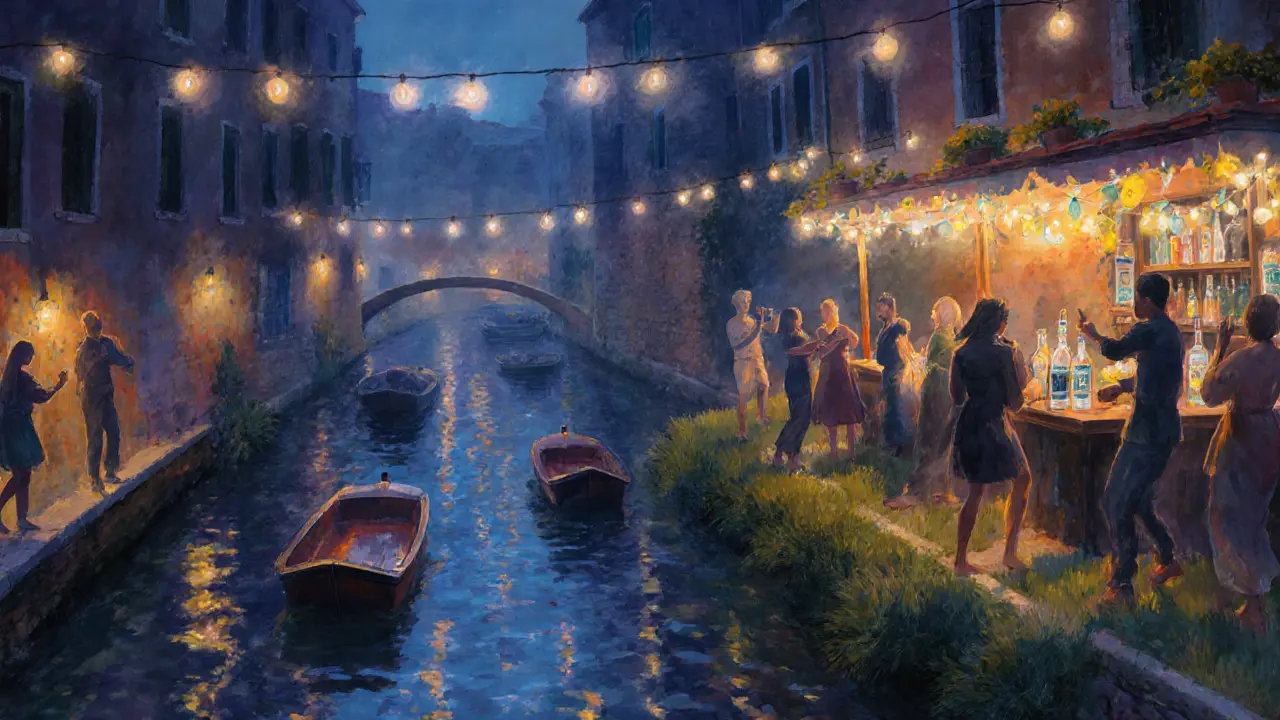 People dance barefoot on grass beside a canal lined with floating bars and string lights in Milan.