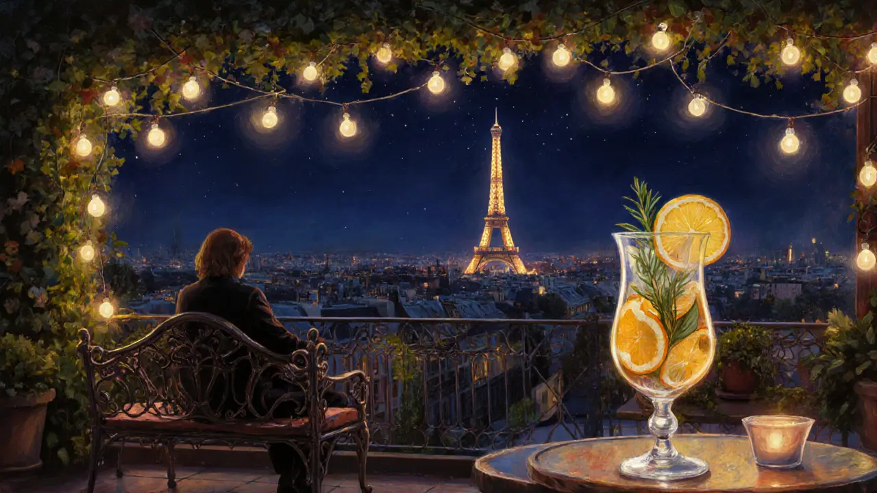Quiet rooftop terrace at night with Eiffel Tower in distance, fairy lights, and a lone figure sitting under ivy.