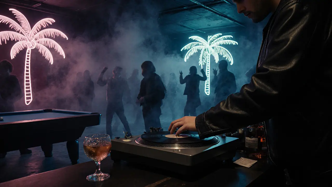 Retro lounge with neon palm trees and dancers on a pool table, smoke swirling under low ceilings at Le Blue.