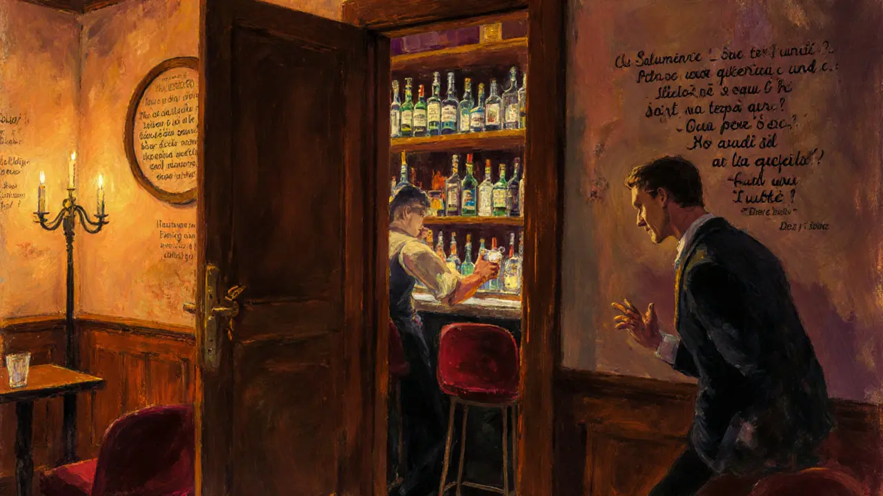 Secret cocktail lounge behind a meat shop, candlelit bar, and guest sharing a quiet moment with the bartender.