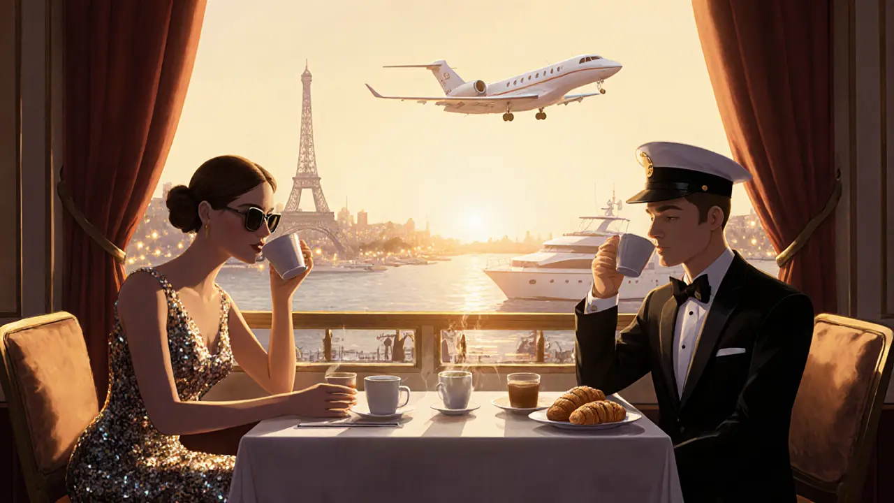 Sequined guests at Café de Paris at dawn, sipping coffee as yachts glow outside, the night’s end in golden light.