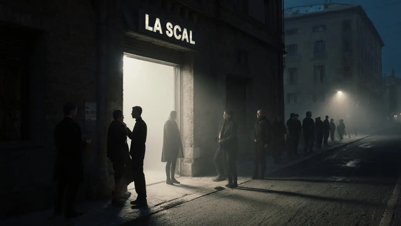 Silent line outside La Scala club at night, minimalist attire, dim warehouse entrance.