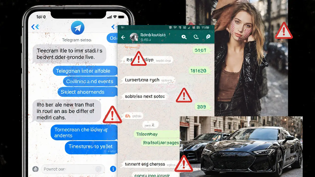 Smartphone screens show encrypted messages and photos linked to illegal escort ads, with warning icons overlaying the content.