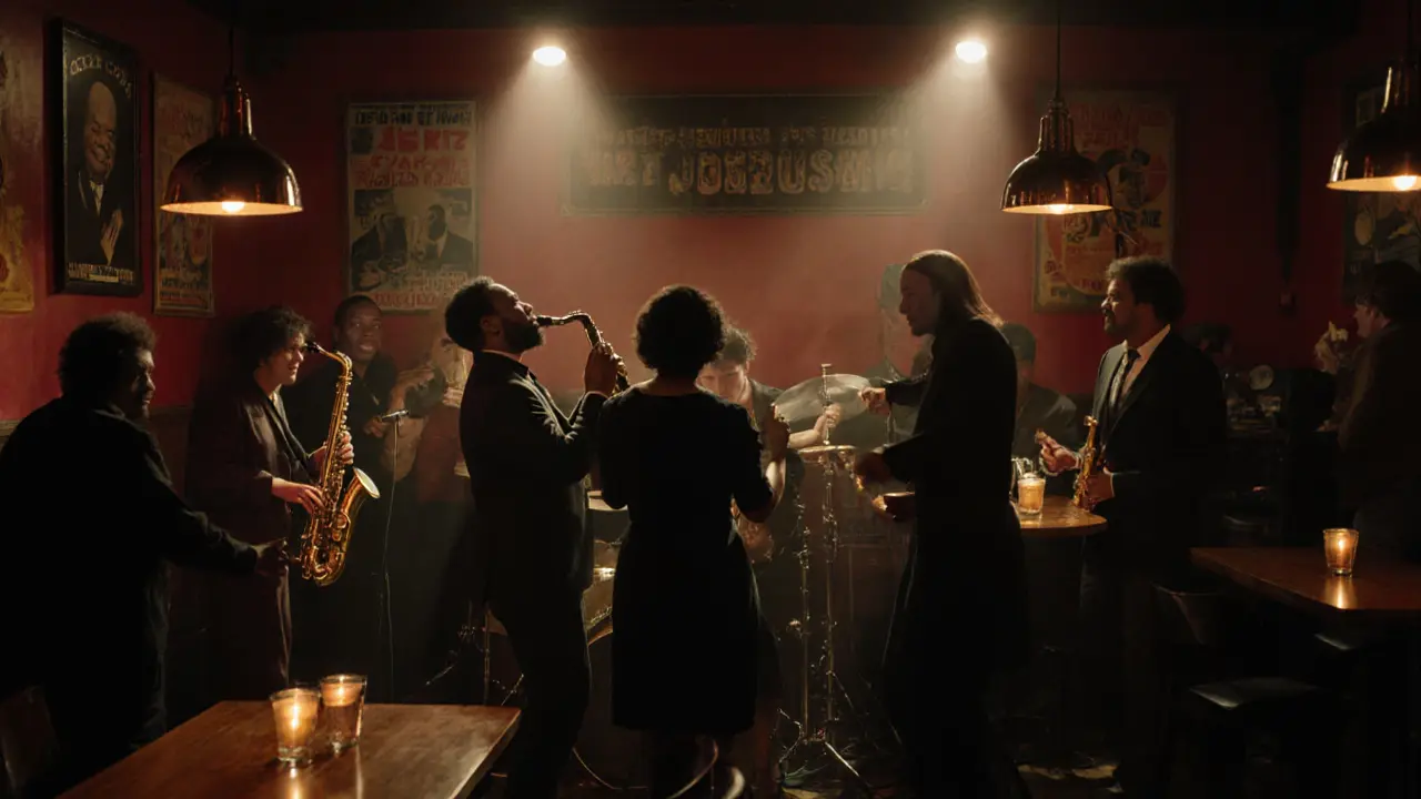 Soul band performing in warm red-lit Jazz Café as patrons dance gently in intimate setting.