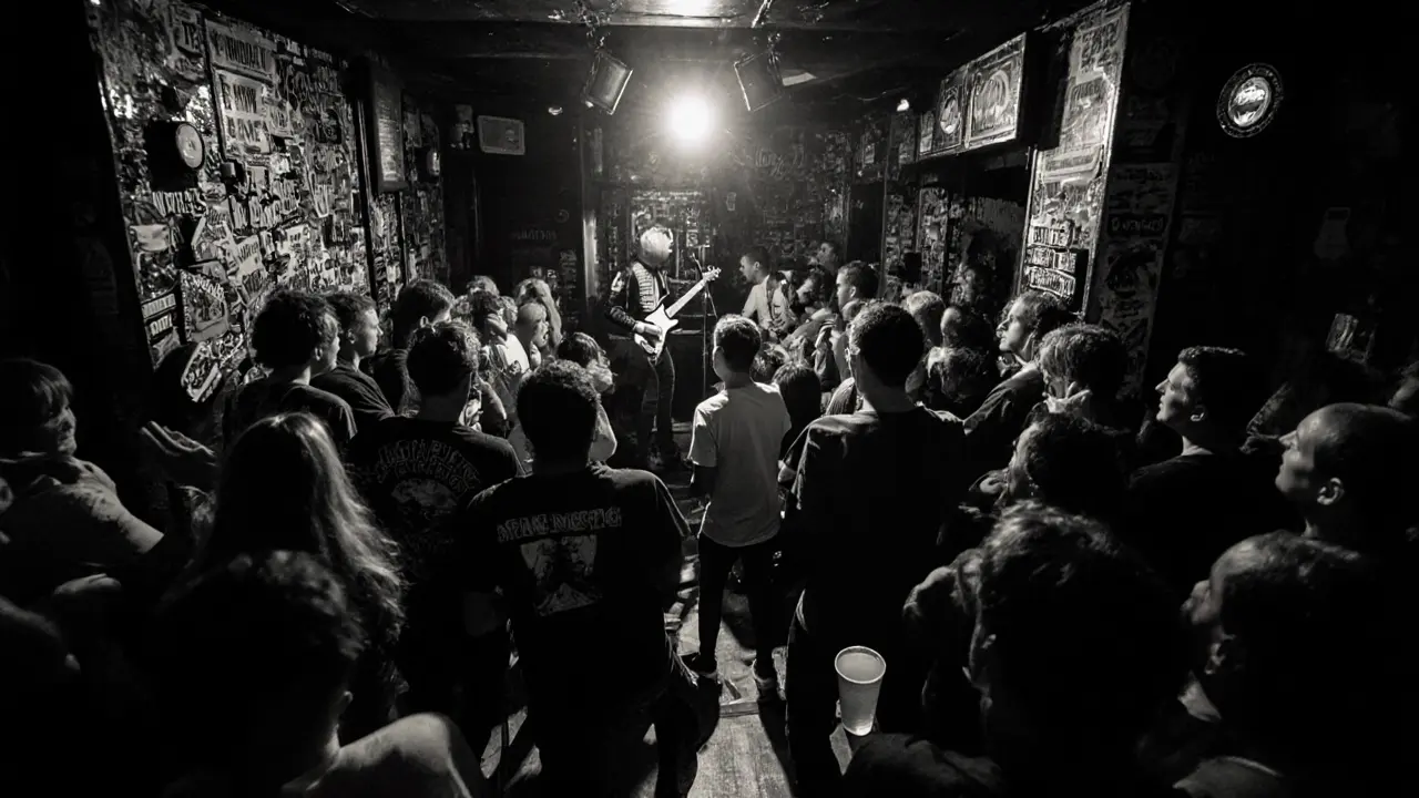 Tiny stage at The Windmill packed with fans during a raw, chaotic punk gig.
