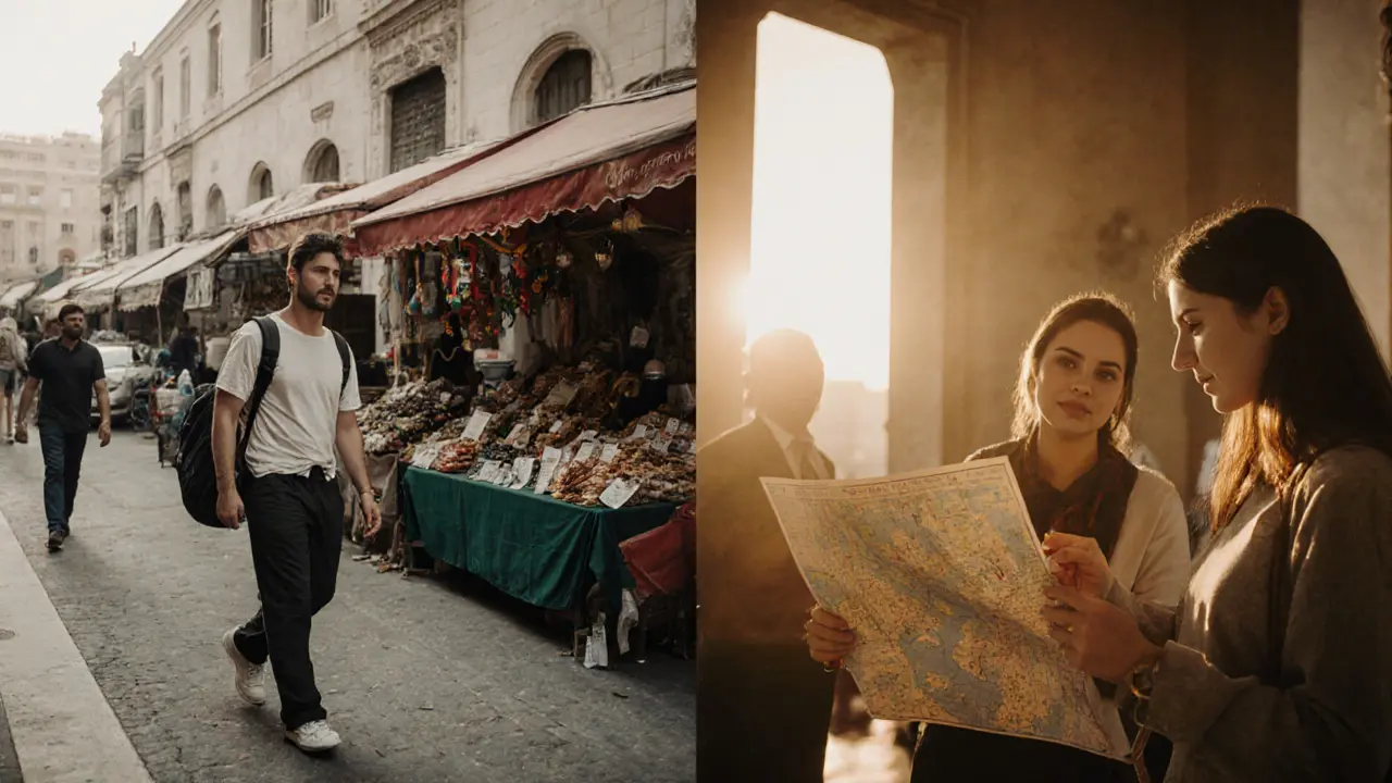 Tourist choosing a cultural tour guide over street solicitation in Dubai.