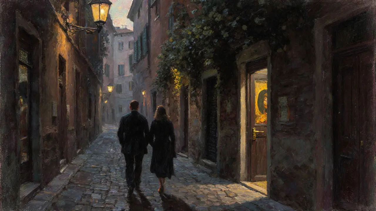 Two figures walking down a quiet Brera alley at dusk, soft light glowing from an unmarked gallery door.