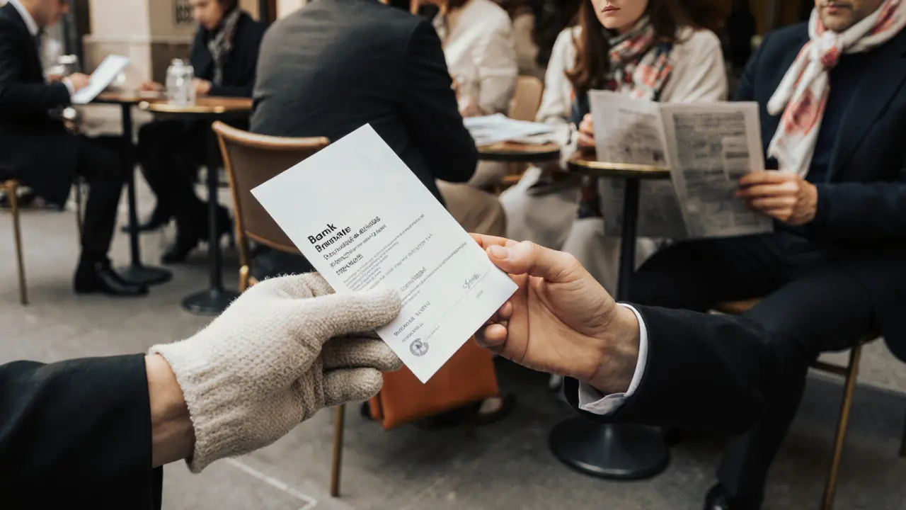 Two hands exchange an envelope while a smartphone shows a bank transfer, set against a blurred Milanese café backdrop.