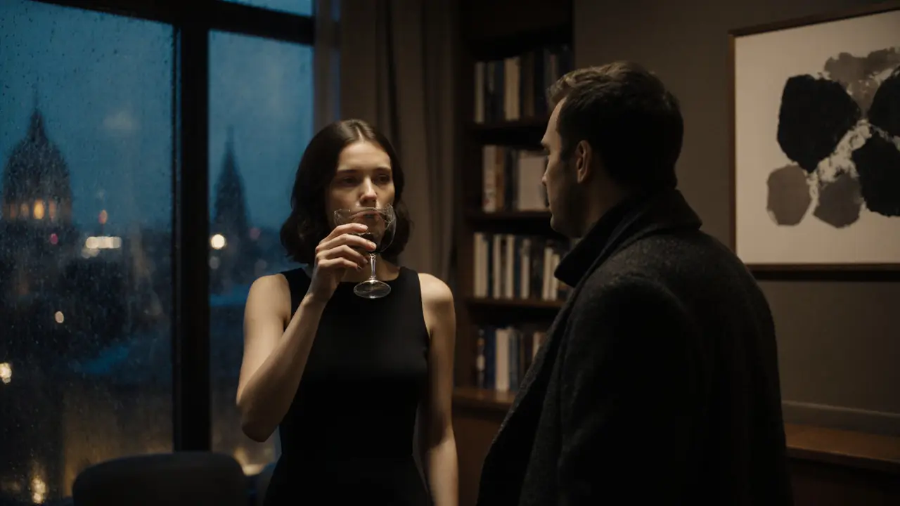 Two people in a private lounge, quietly appreciating modern art under soft evening light.