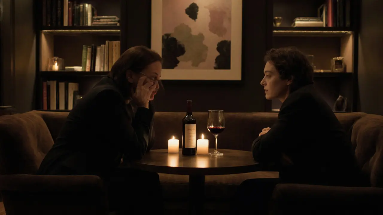 Two people share a quiet, intimate conversation over wine in a cozy Mayfair lounge with candlelight and bookshelves.