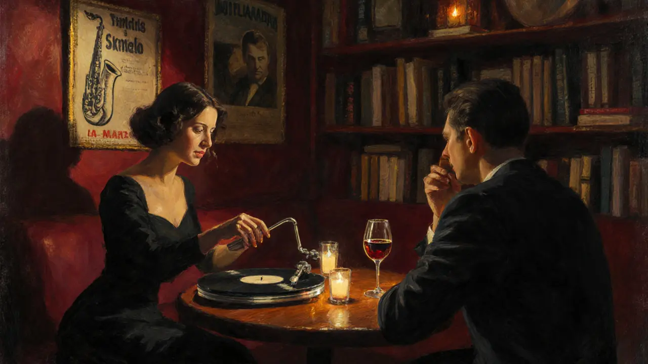 Two people share wine in a quiet Montparnasse jazz club, candlelight casting warm shadows.