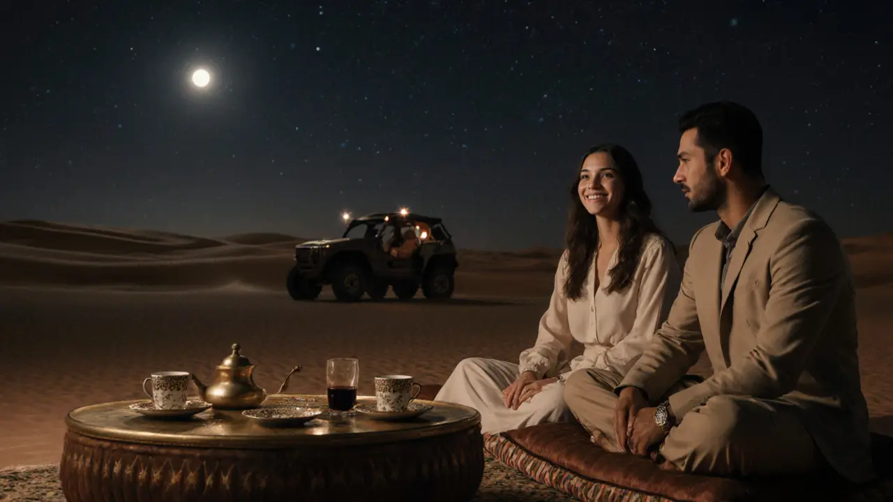 Two people sit quietly in a desert camp under stars, sharing coffee in elegant surroundings.