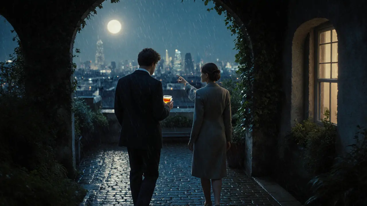 Two people walking a quiet rooftop garden at night, London skyline in the distance.