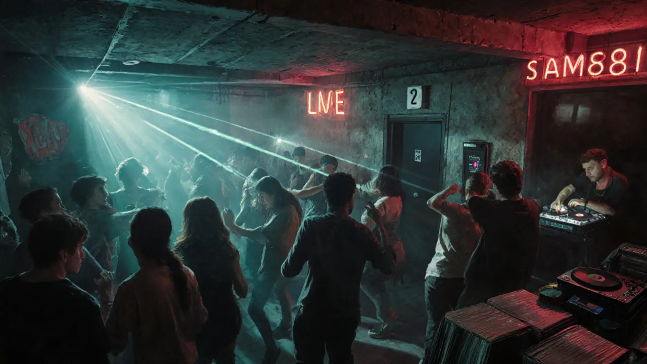 Underground club in Isola with laser lights and dancers in a haze-filled industrial space.