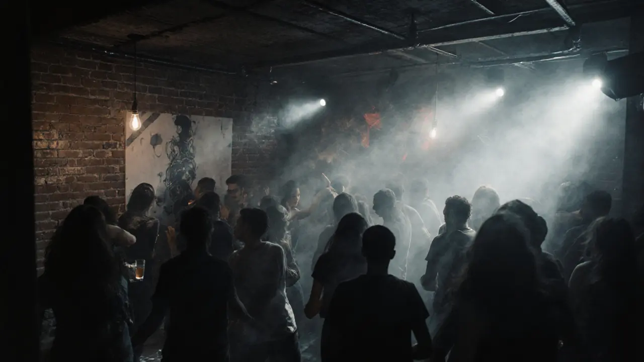 Underground techno club in Porta Ticinese with smoke, strobing lights, and a diverse crowd dancing to pulsing bass.