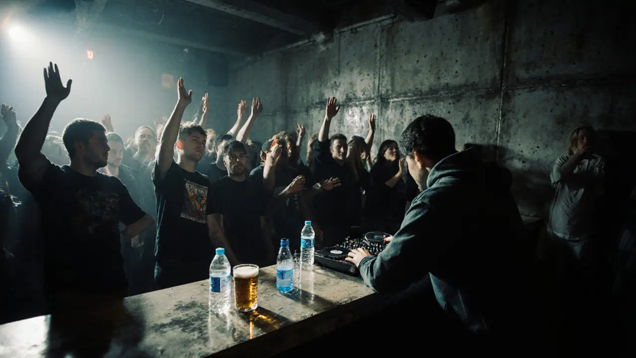 Underground techno club with crowd dancing under strobe lights, exposed concrete walls, and no decorations.