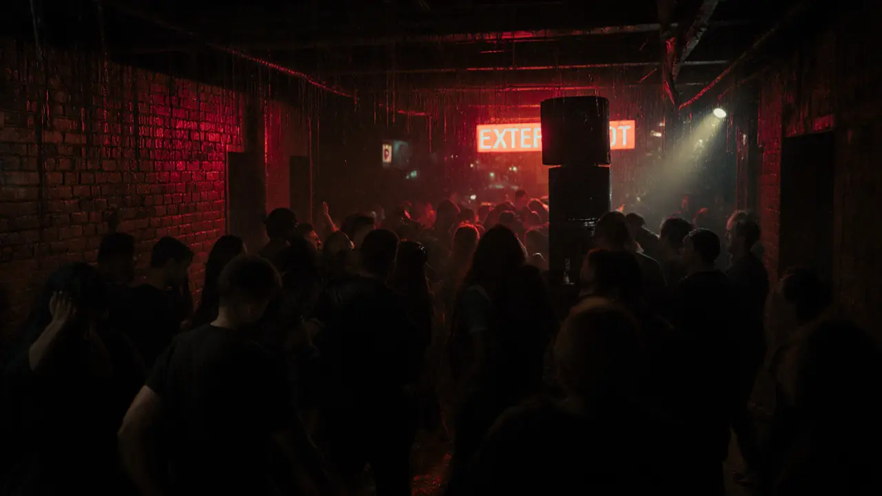 Underground techno club with crowded basement, red lighting, and vibrating speakers in a gritty warehouse.