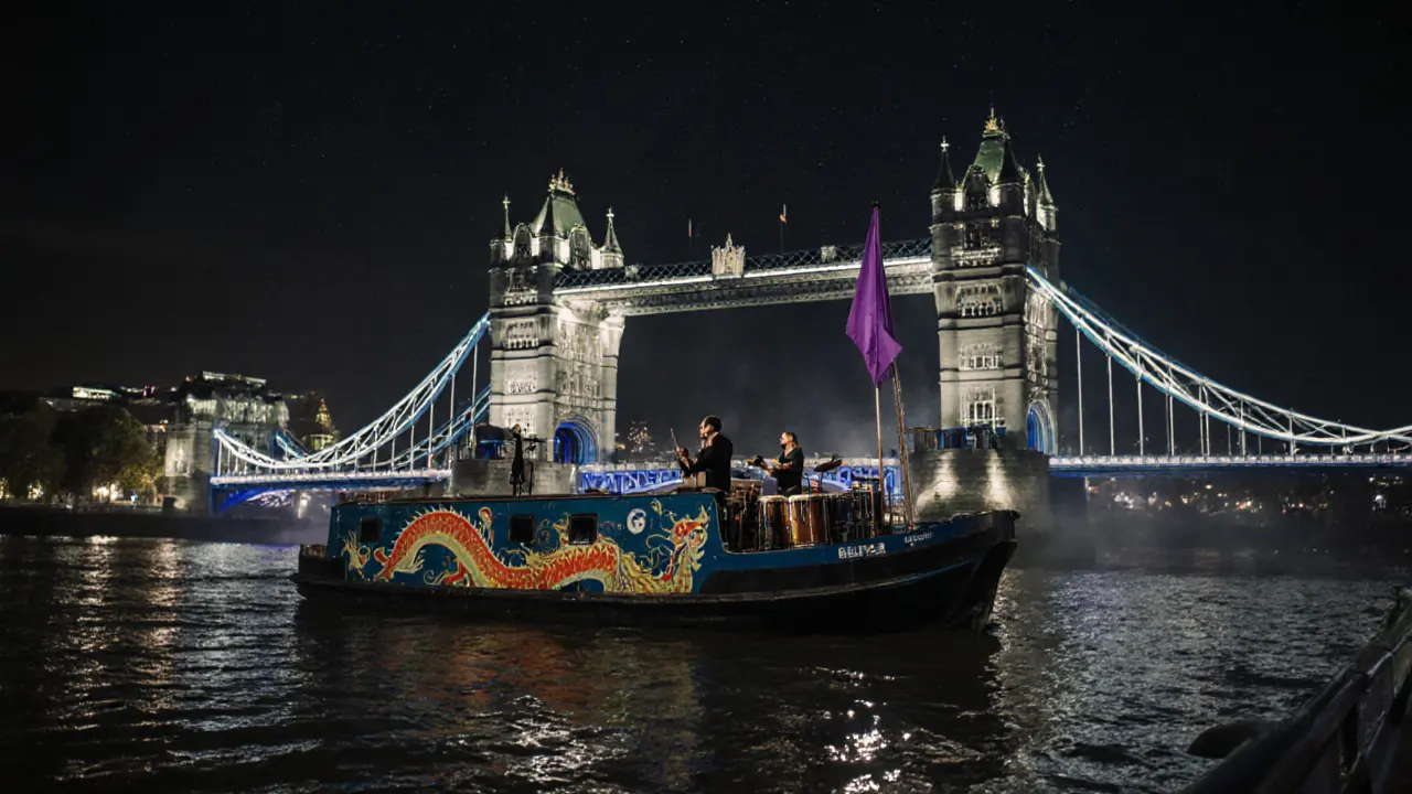 Vintage cargo boat drifting under Tower Bridge with mural art and live music at midnight.