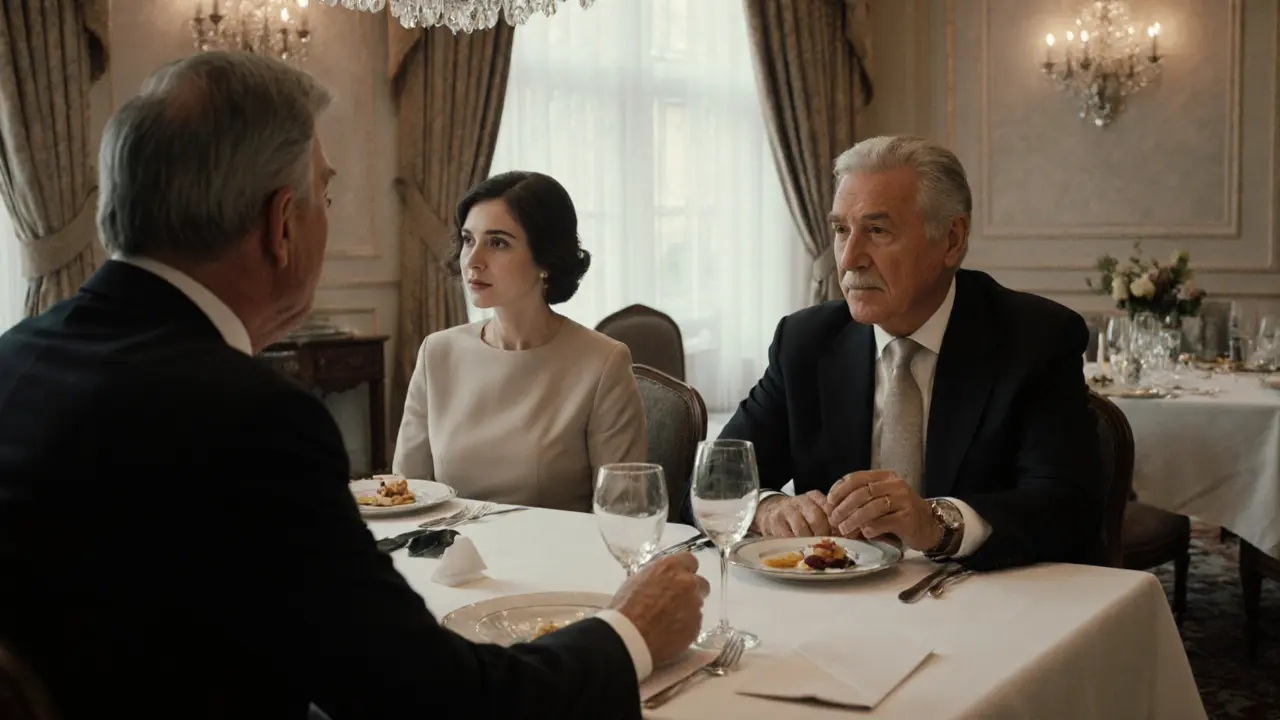 Woman and man in elegant attire having a quiet dinner in a luxury hotel dining room, no words spoken.
