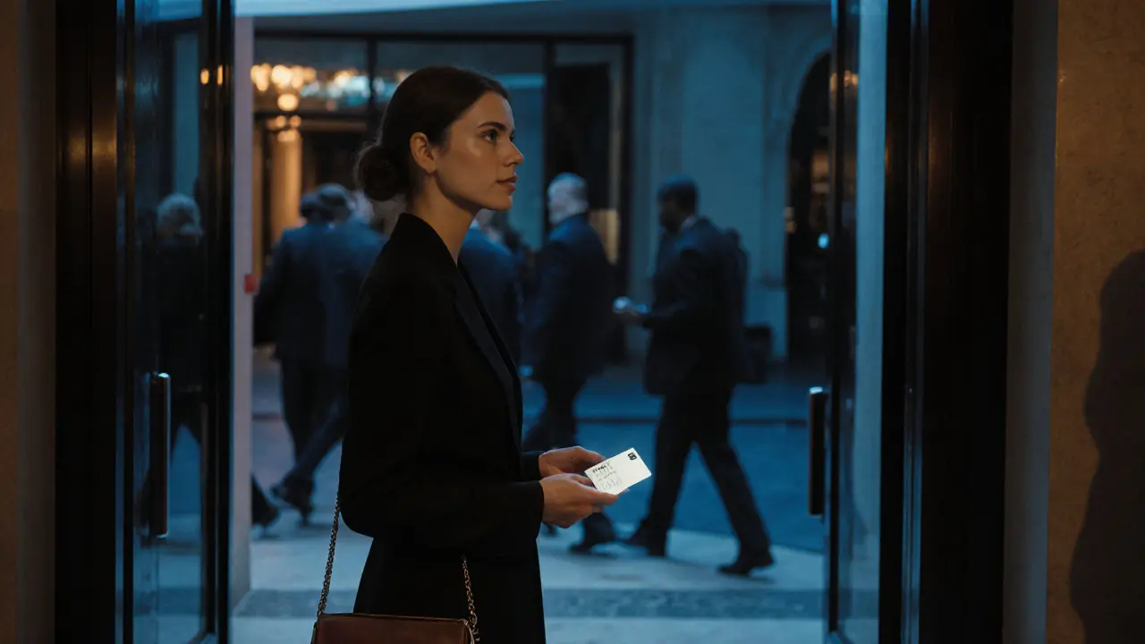 Woman waiting calmly in a luxury Paris hotel lobby at night.