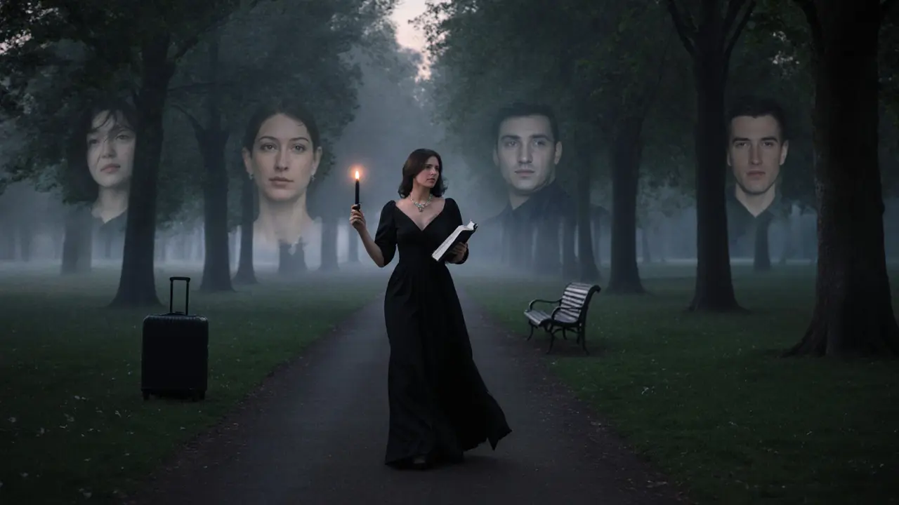 Woman walking through misty park at dusk with journal and candle, faint figures fading into trees behind her.