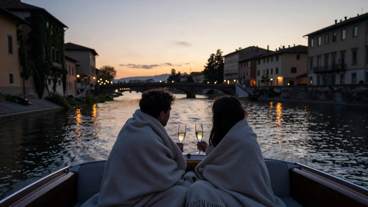 A couple on a quiet sunset boat ride along the Naviglio Grande, wrapped in a blanket with Prosecco glasses.