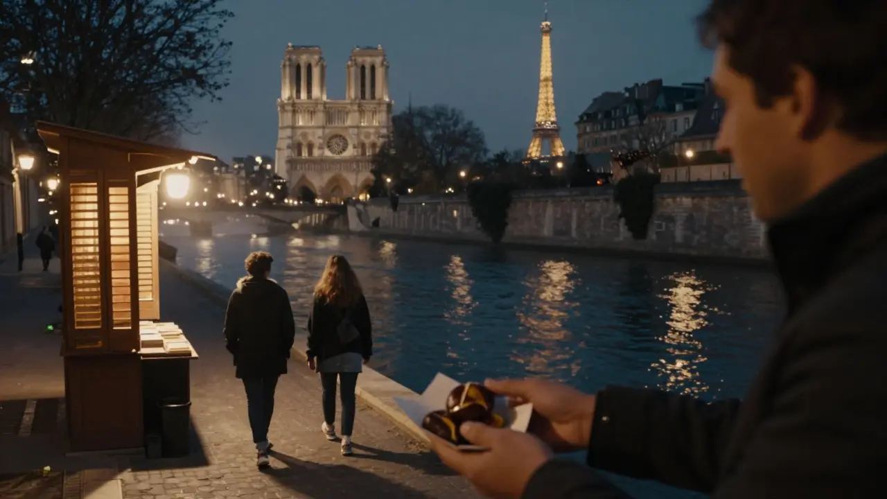 A couple shares a warm chestnut by the Seine at night, reflections of city lights dancing on the water.